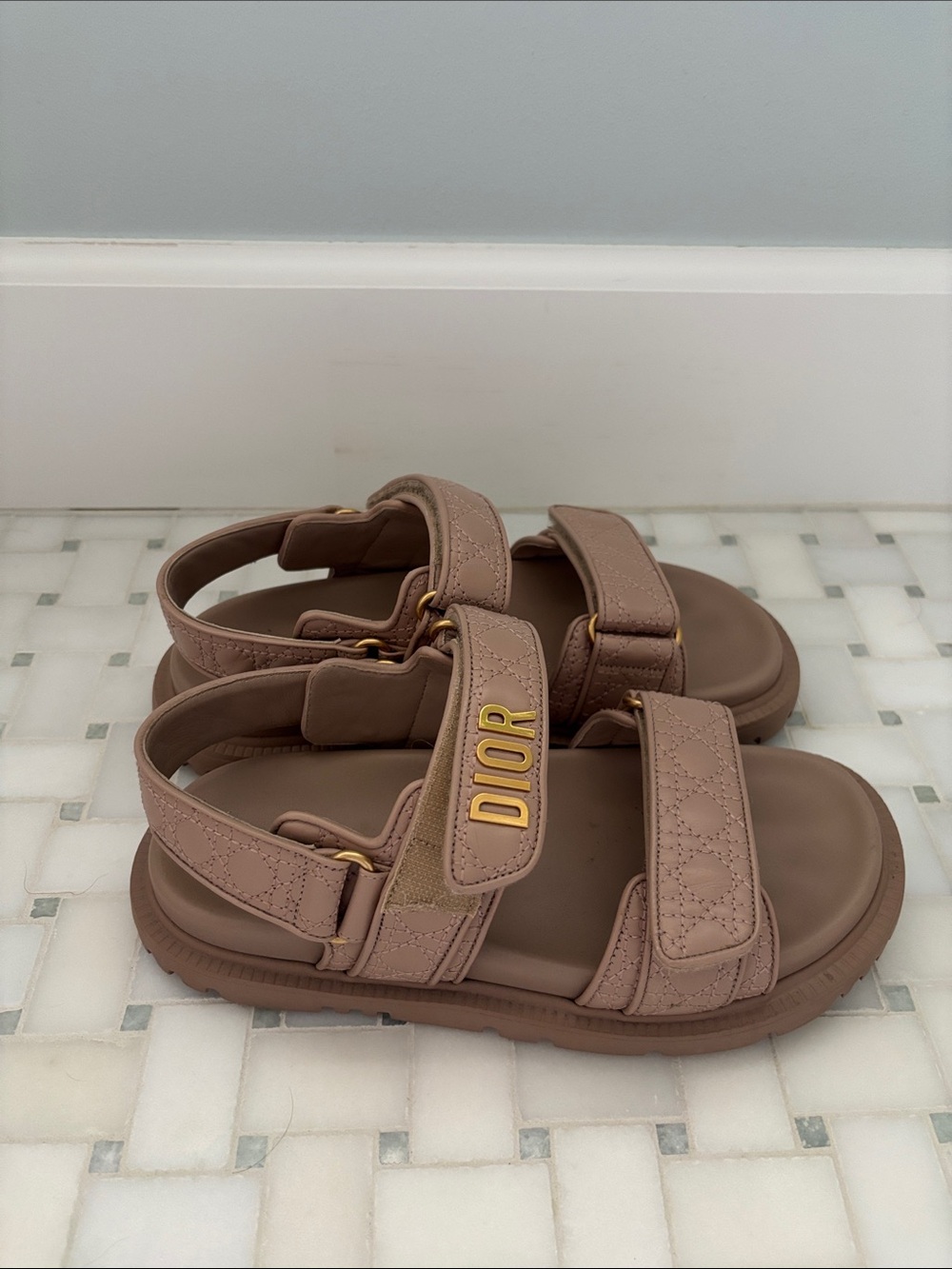 Dior Dioact Beige Quilted Logo Strap Sandals. Dad Sandals